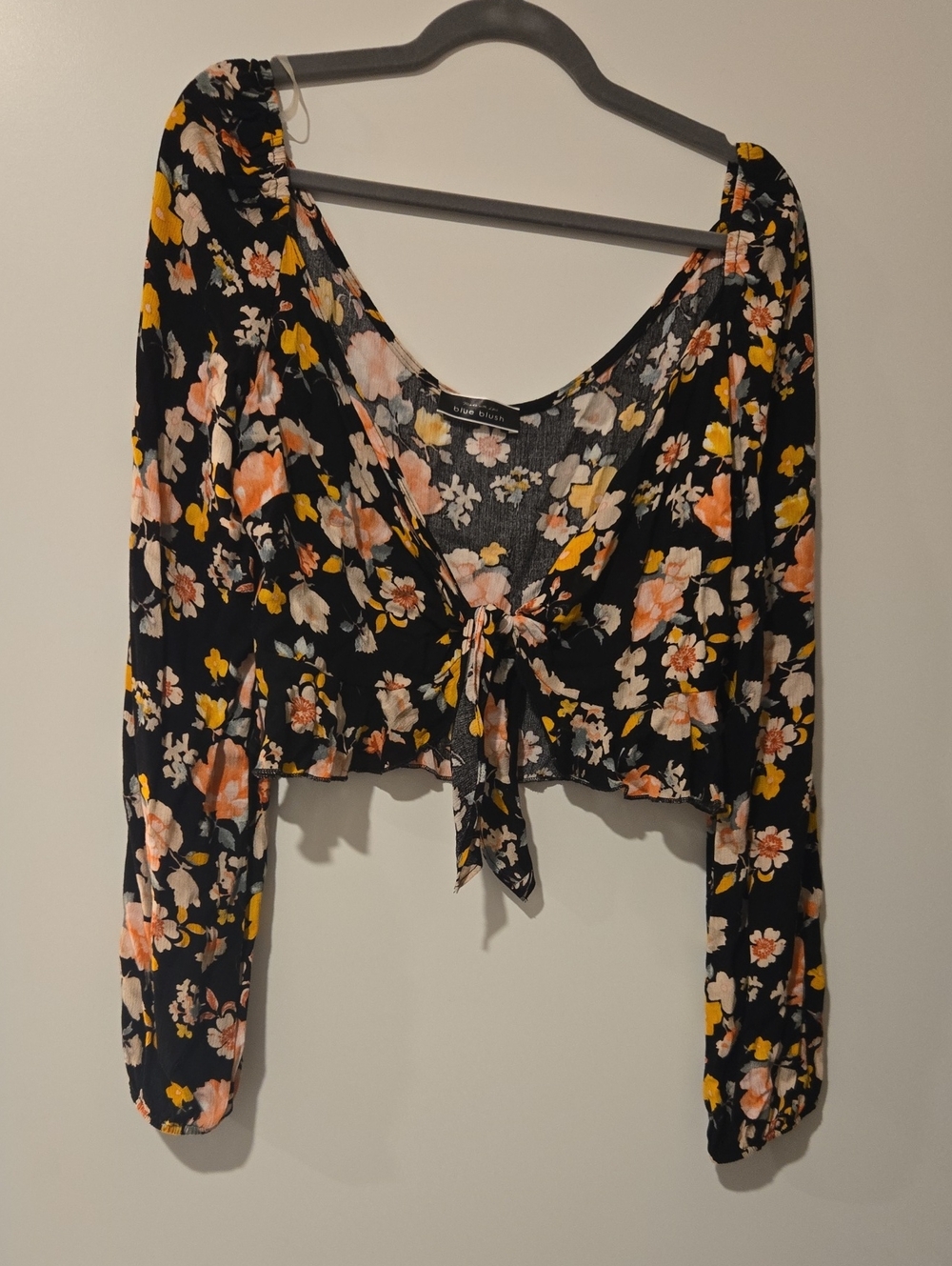 Francesca's Black Floral Tie-Front Crop Top with Peach & Yellow Blooms